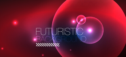 Shiny neon geometric abstract background. Glowing lights on round shapes, triangles and circles. Wallpaper for concept of AI technology, blockchain, communication, 5G, science, business