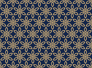 Fototapeta premium Flower geometric pattern. Seamless vector background. Gold and dark blue ornament. Ornament for fabric, wallpaper, packaging. Decorative print