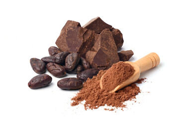 Cocoa powder with cocoa beans and cocoa mass isolated on white background.