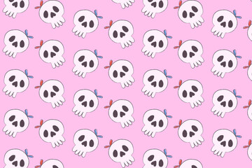 cute halloween pattern background with two illustrated skulls with bows on their heads.