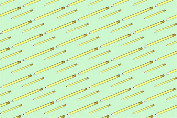 Yellow wooden pencils illustration. Back to school pattern on green background.