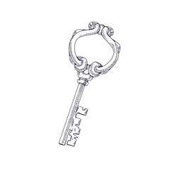 Vintage antique key of castle door. Etched engraved old unlocking item drawn in retro style. Outlined drawing of ancient noble medieval object. Vector illustration isolated on white background