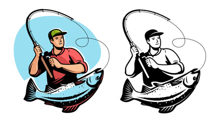 Fisherman with spinning rod caught big fish. Fishing sport emblem or logo. Vector illustration isolated