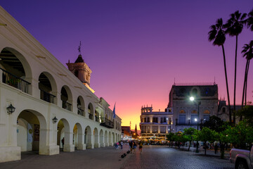 Historic center of the city of Salta in Argentina at sunset with the Cabildo in the foreground