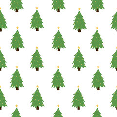 Seamless pattern of green Christmas tree on white background. Hand drawn pine tree. Vector illustration