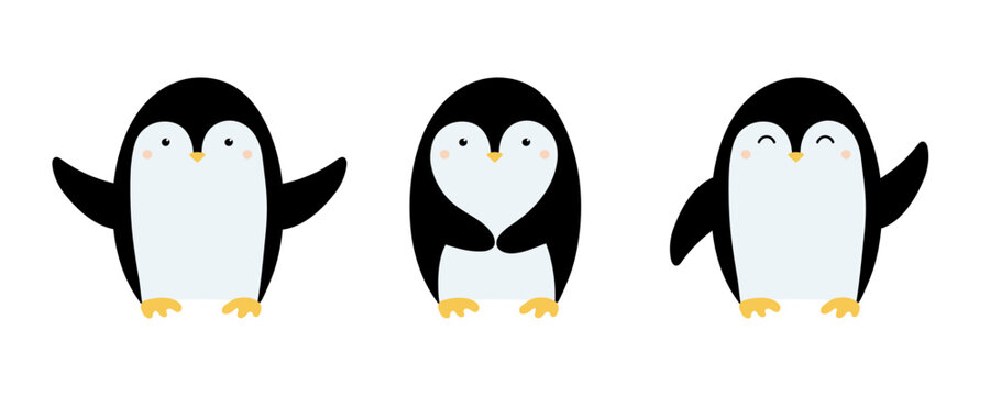 Cute hand drawn penguins collection. Cartoon character for kids or baby design. Isolated vector illustration 
