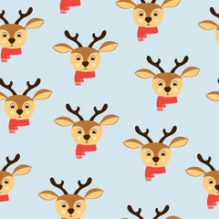 Seamless pattern of cute deer head with red scarf. Background for Christmas design. Vector illustration
