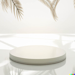 White product display podium with palm leaf shadows in the background