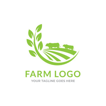 Simple farm logo. Farm animal sign. Green logotype for farm. Symbol for agricultural products. Brand for agricultural company Vector illustration with cow.