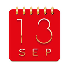 13 day of the month. September. Luxury calendar daily icon. Date day week Sunday, Monday, Tuesday, Wednesday, Thursday, Friday, Saturday. Gold text. Red paper. Vector illustration.