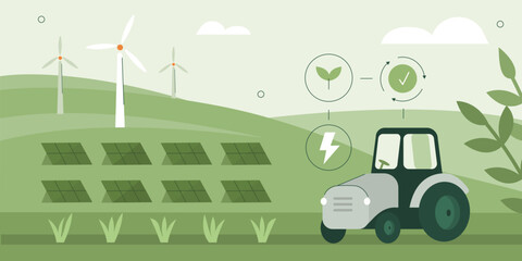 Sustainable agricultural farm with electric tractor, windmills and solar energy panels. Eco smart farming  and agriculture technology concept. Vector illustration. © Irina Strelnikova