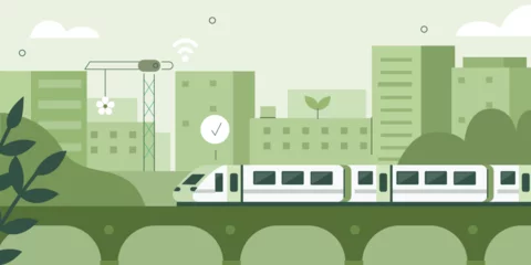 Fotobehang Modern futuristisch groen stadscentrum met trein, gebouwen en privéwoningen. Duurzame stad en milieuvriendelijk openbaar vervoerconcept. Vector illustratie. © Irina Strelnikova