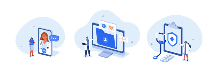 Medical illustration set. Doctor in hospital presenting patients EMRs, health insurance and other online medical services. Electronic health record concept. Vector illustration.