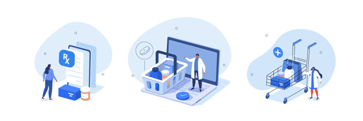 Medical illustration set. Doctor standing near shopping basket and cart full of medicaments. Patient receiving online prescription. Pharmacy store and online medicine concept. Vector illustration. © Irina Strelnikova