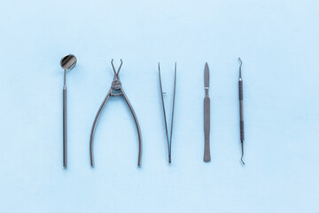 Medical steel equipment tools. Dental or surgical instruments