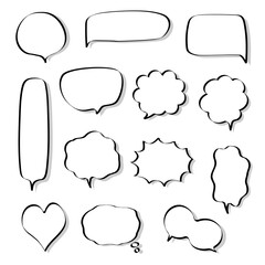 collection set of blank black and white hand drawing speech bubble balloon, think speak talk text box, banner, flat vector illustration design