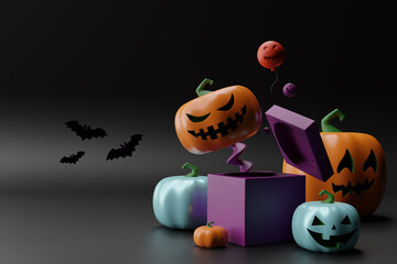 Design for the Halloween Holiday. A frightening pumpkin head appears. Open the gift boxes. A realistic 3D pumpkin with frightening smiles on his face. Web banner, poster for a party, advertising broch