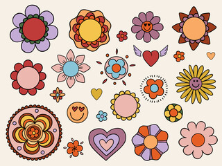 Illustration of a set of linear stickers with floral elements in the style of the 70s. Daisies, daisies, smileys, hearts, stars. Isolated objects on a plain background.