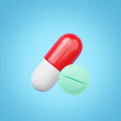 3D green pill, white red capsule icon. medicine float on blue background. Pharmacy dispense, vitamin drug advertising. Health care, medical treatment, Dietary concept. Cartoon minimal icon. 3d render.