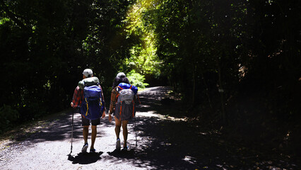 Young couple hikers with backpack walk hiking together, adventure and travel concept