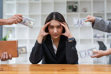 Asian woman refusing money in the envelope to agreement contract, Bribe and corruption concept