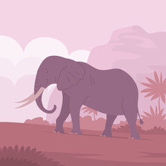 African elephant with trunk and tusks. Large herbivorous mammal. Zoo wild animal. Wild savanna landscape. Wildlife and zoo. Nature and fauna. Cartoon vector illustration