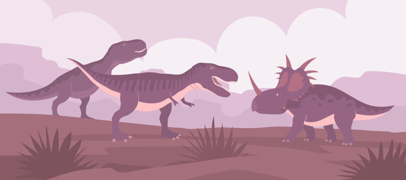 Styracosaurus vs tyrannosaurus rex. Lizard fight. Ceratops with dangerous horns. Dinosaur of the Jurassic period. Science paleontology. Vector cartoon illustration of prehistoric nature background © Mikhail Ognev