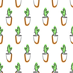 Cactus pattern. Hand drawn cactus, line art design on a pattern for textile, wallpaper, web.