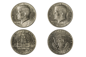 Close up view of front and back side of half USA dollar coins different years of issue isolated on...