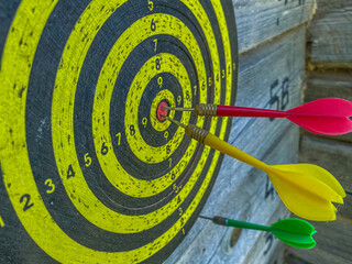 active play. throwing darts. darts outdoors. a round field with black and yellow markings with...
