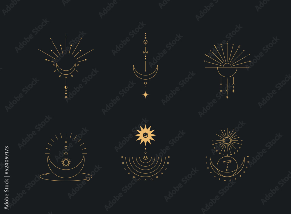 Wall mural set of moon and sun line art. minimal boho linear symbols. celestial mystic element. vector line art