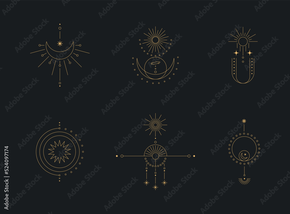 Sticker set of moon and sun line art. minimal boho linear symbols. celestial mystic element. vector line art