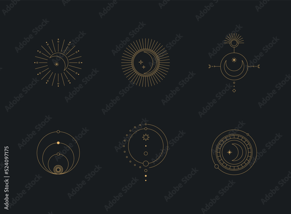 Sticker set of moon and sun line art. minimal boho linear symbols. celestial mystic element. vector line art