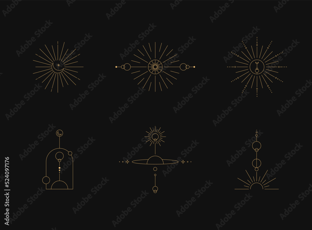 Sticker set of moon and sun line art. minimal boho linear symbols. celestial mystic element. vector line art