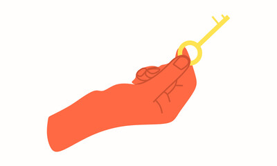 Hand holding key icon, unlocking, opening door to success. Access to secret, security and private confidential information concept. Flat vector illustration isolated on white background