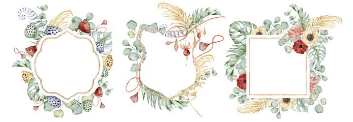 Fototapeta Watercolor frame with anemone flowers, eucalyptus and monstera leaves. Hand drawn illustration obraz