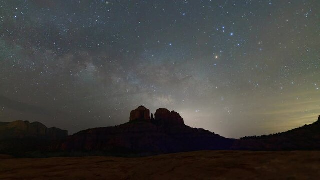 Time lapse of Milky Way galaxy rising over Cathedral Rock in Sedona, Arizona USA