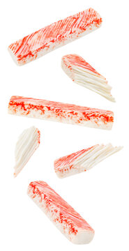 Crab Meat, Snow Crab, Surimi Sticks Pieces Falling, Hanging, Flying, Soaring, Isolated On White Background With Clipping Path.