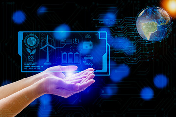 Female hand showing hologram. Virtual icon.Virtual world. energy saving world environment day earth day Eco-friendly and sustainable development concept.Elements of this image furnished by NASA