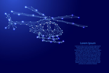 Helicopter flying, from futuristic polygonal blue lines and glowing stars for banner, poster, greeting card. Vector illustration.