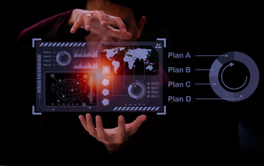Men showing hologram creative functional analysis planning with marketing network icon in planning strategy analytics and development solutions modern business innovation of new ideas