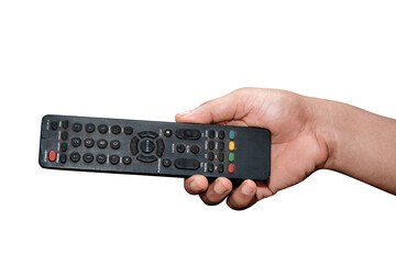 Male hand changing channel with remote control isolated
