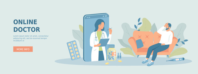 Online doctor consultation. Medicine service, healthcare application. Virtual examination and diagnosis patient. Promotional web banner. Cartoon flat vector illustration with people characters.