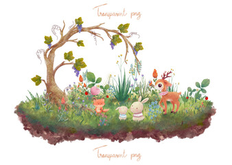 Woodland animal, flower, plant and grape tree on green grass field watercolor illustration isolated, adorable fox, rabbits and cute baby deer with wild strawberry, meadow flowers landscape decoration