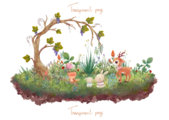 Photo sur Plexiglas Chambre denfants Woodland animal, flower, plant and grape tree on green grass field watercolor illustration isolated, adorable fox, rabbits and cute baby deer with wild strawberry, meadow flowers landscape decoration