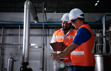 Chief engineer of a mechanical plant Inspecting and explaining the maintenance of the machine to the mechanic
