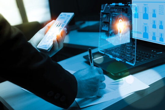Man people holding digital mobile big data analytics concept and intelligent business computing Concept of communication and digital link technology elements, internet of things, data collection 