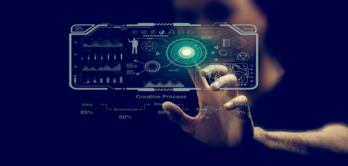 A person touching a virtual screen to scan fingerprints, concepts, management, change of things, security, cog, collaboration, and Wi-Fi connection in the organization.