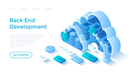 Back end Development, Coding, Software Engineering, Programming languages. Server racks and database in the clouds. Landing page template for web on white background.