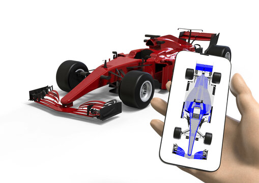 3d render image of a formula 1 car  and a hand with a phone representing using phone app in formula one race